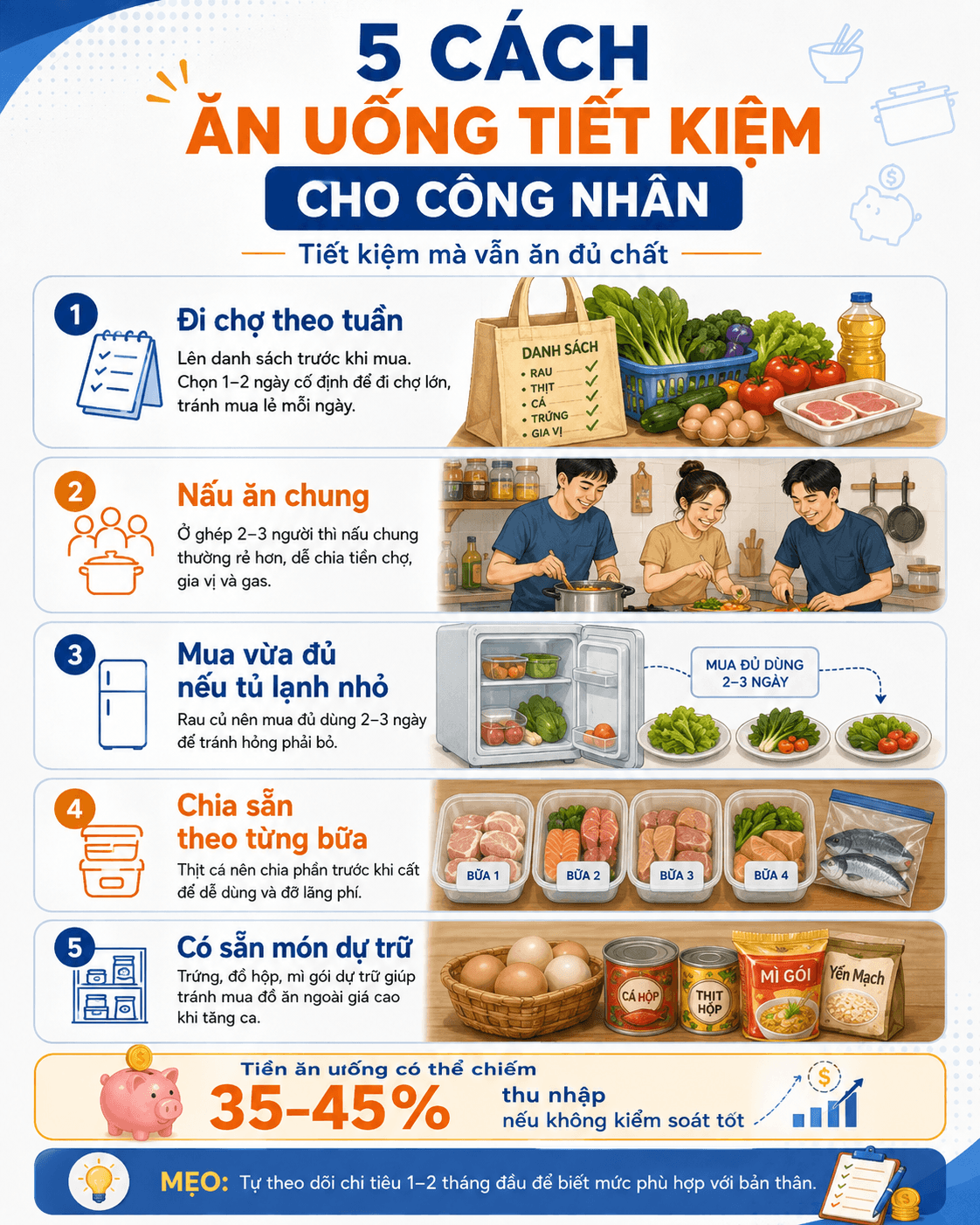 Mẹo ăn uống tiết kiệm cho công nhân