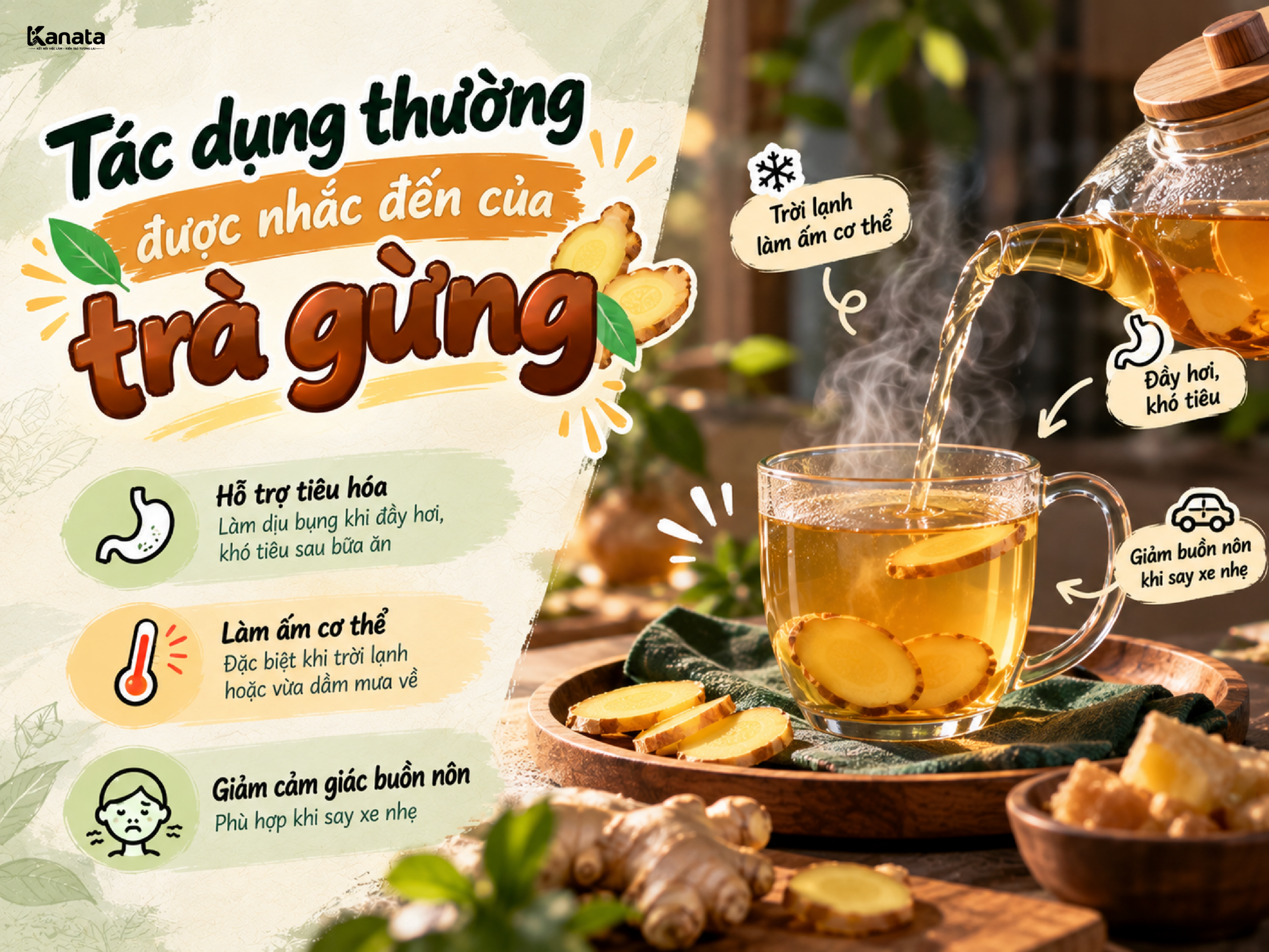Cốc trà gừng nóng với lát gừng tươi